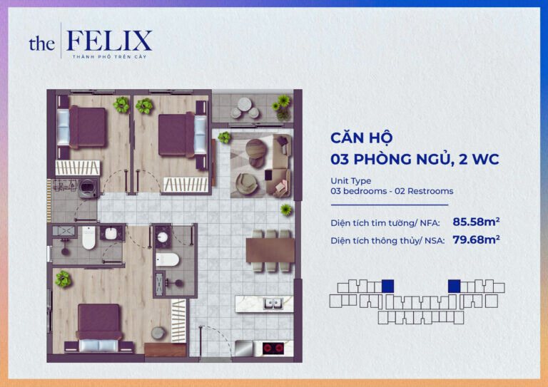 Thiết Kế The Felix Căn 3 Phòng Ngủ 85.58m2 1